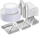 350PCS Silver Plastic Dinnerware Set for 50 Guests, Disposable Plates for Party, Wedding, Include 50 Dinner Plates, 50 Dessert Plates, 50 Set Silver Silverware, 50 Cups, 50 Napkins