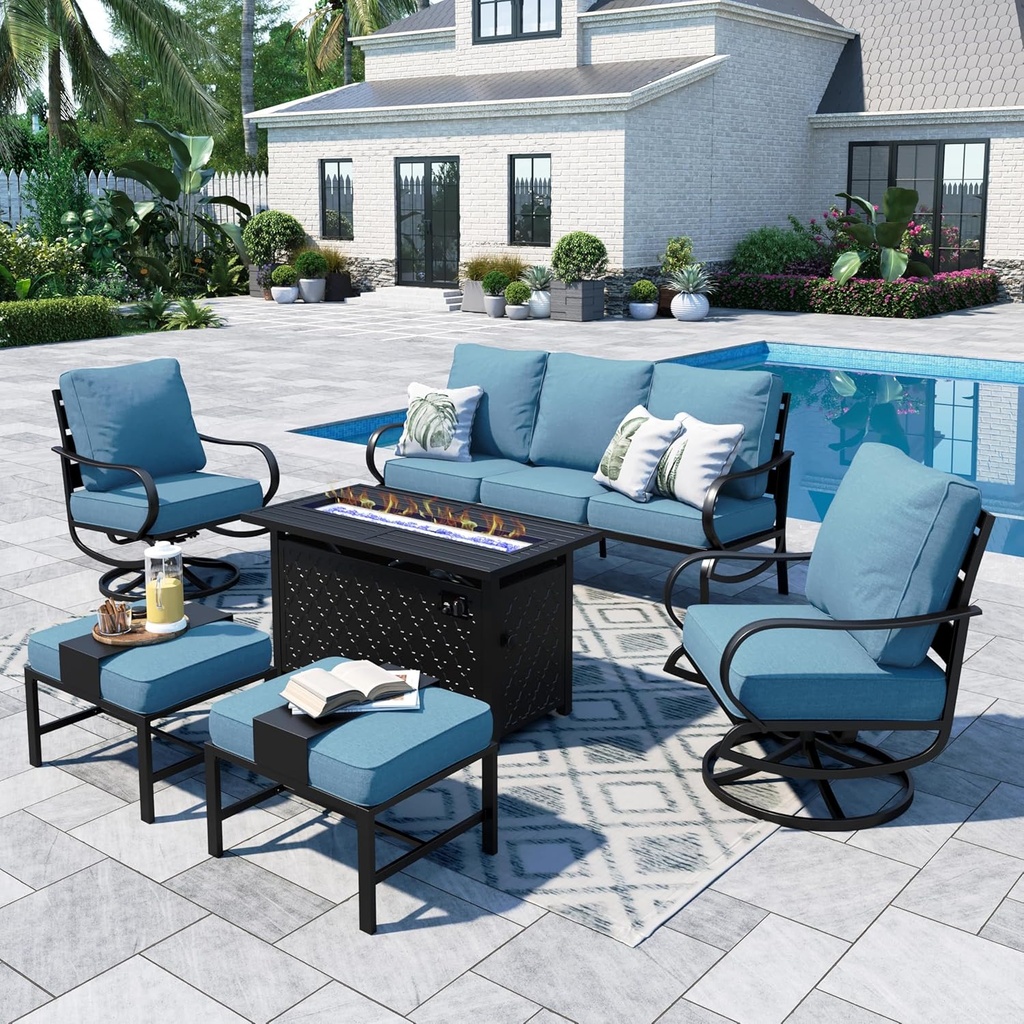 Sophia & William Patio Furniture Sets with 45" Gas Fire Pit Table for 7 Outdoor Conversation Sets 6 Pcs, 2 x Swivel Cushioned Sofa Chairs, 1x3-Seat Sofa, 2xOttomans for Backyard Poolside Navy