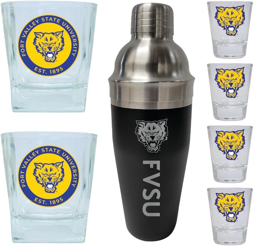 R and R Imports Fort Valley State University Officially Licensed Collegiate Barware Set – 7-Piece Cocktail & Whiskey Glass Gift Pack