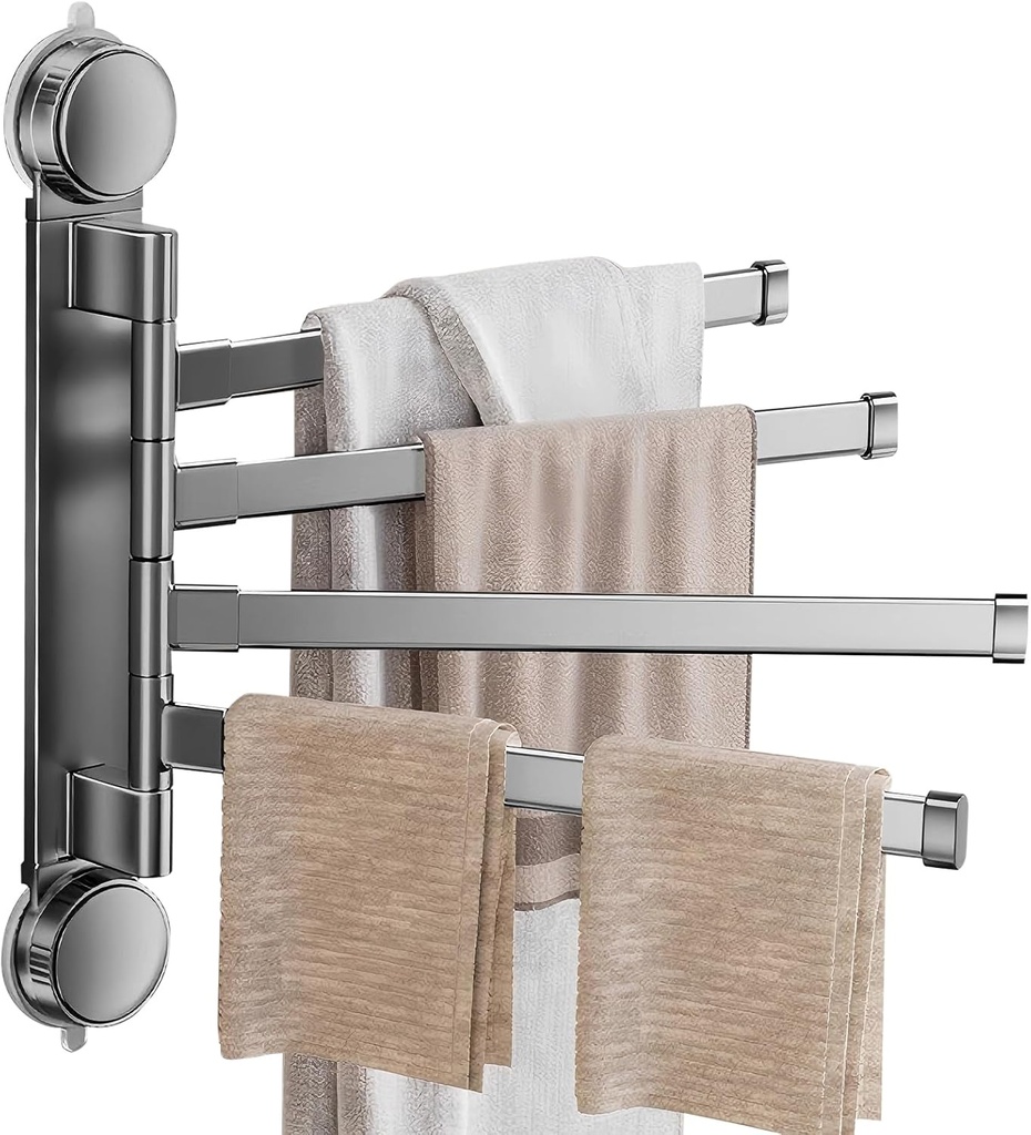 Suction Cup Towel Rack,Space Saving Wall Mounted Swivel Towel Holder, SUS304 Stainless Steel 4-Arm No Drilling Towel Bar for Bathroom, Kitchen-Grey