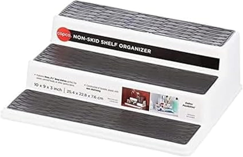 Copco 3-Tier Spice Rack Organizer for Cabinet or Pantry, 10-Inch Non-Skid Tiered Shelf, White/Gray Design Holds Spice Jars, Cans, and Bottles