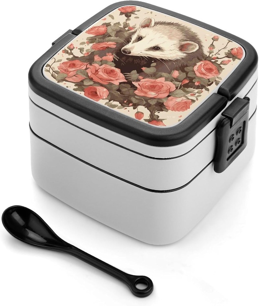 Stackable Double-Layer Bento Box Opossum And Roses Adults Lunchbox With Spoon Cute Japanese Bento Box Dishwasher Safe for Work Travel Dining Outc