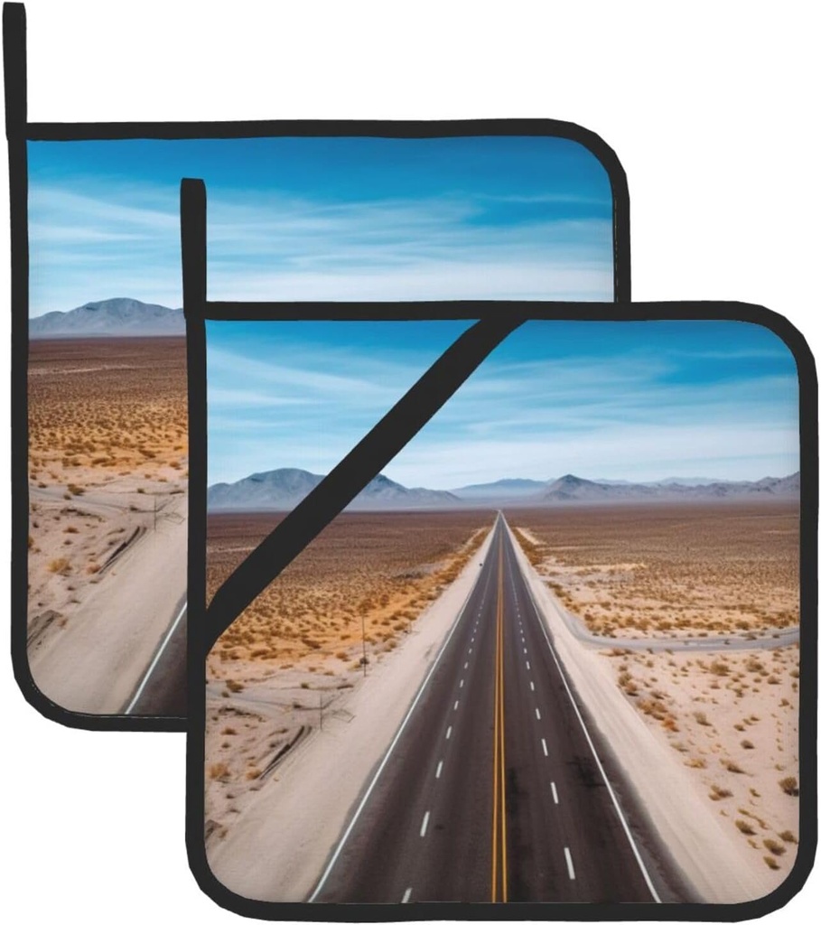 Freeway Highway Road in The Desert Print Pot Holder Set of 2 Kitchen Heat Resistant Thickened Hot Pads with Loop Waterproof Potholders for Microwave Cooking Baking Oven BBQ 8 x 8 Inch