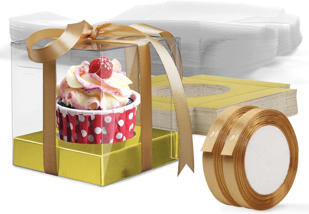 Cupcake Boxes,50 Pack Individual Cupcake Boxes Single Cupcake Container Cupcake Carrier Plastic Cupcake Holder with Inserts and Ribbon Cupcake Carrier for Cake Dessert Storage Wedding Christmas Party