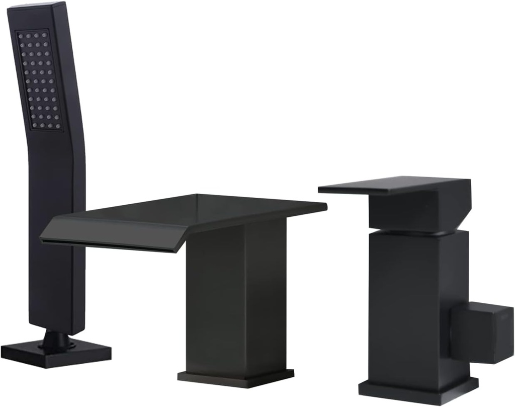 Waterfall Roman Tub Faucet with Hand Shower Matte Black 3 Hole Bathtub Faucet with Sprayer Deck Mount Bath Tub Filler Set