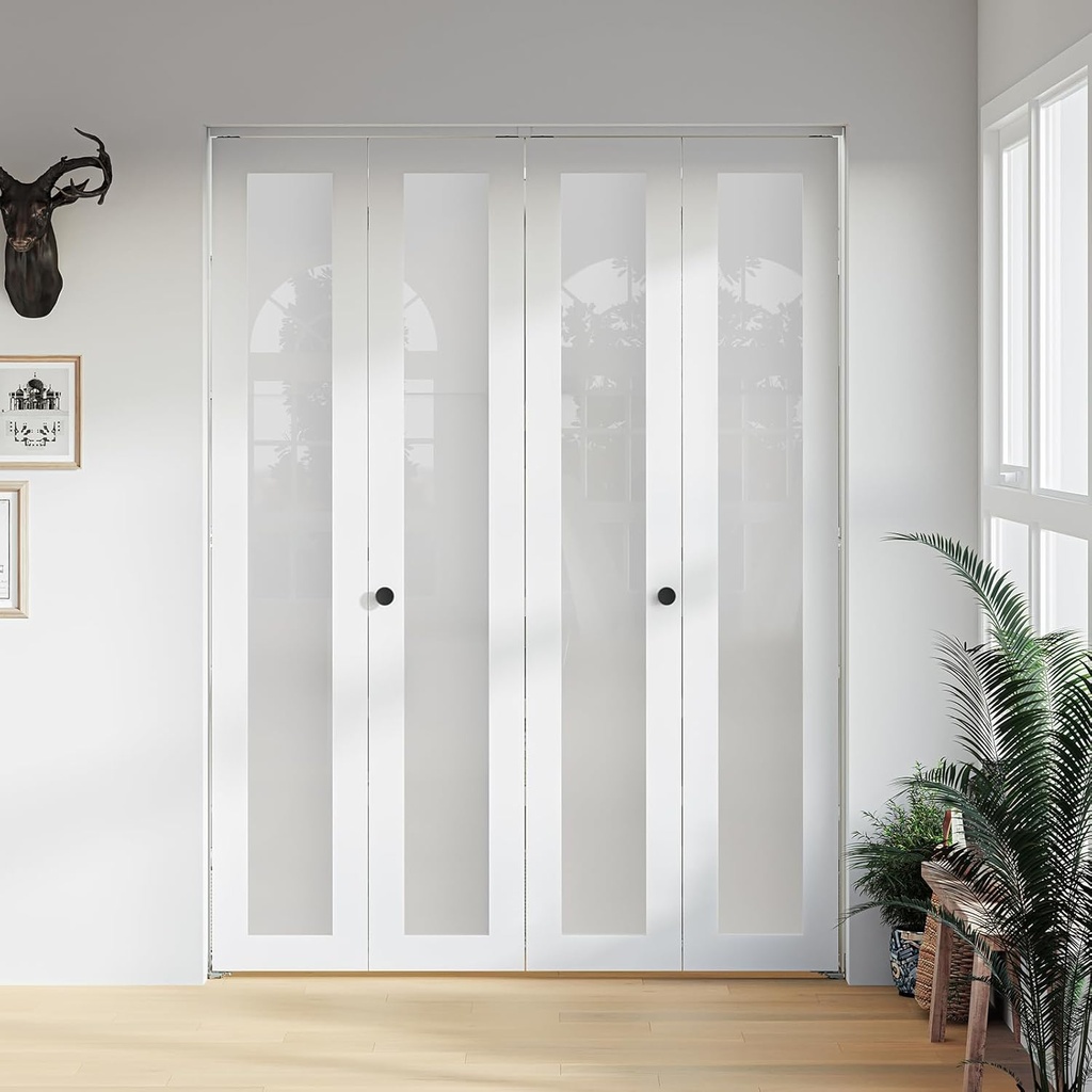 Bifold Door, for 72"x 80" Opening,Tempered Frosted Glass White Folding Closet Door with Hardware Kit