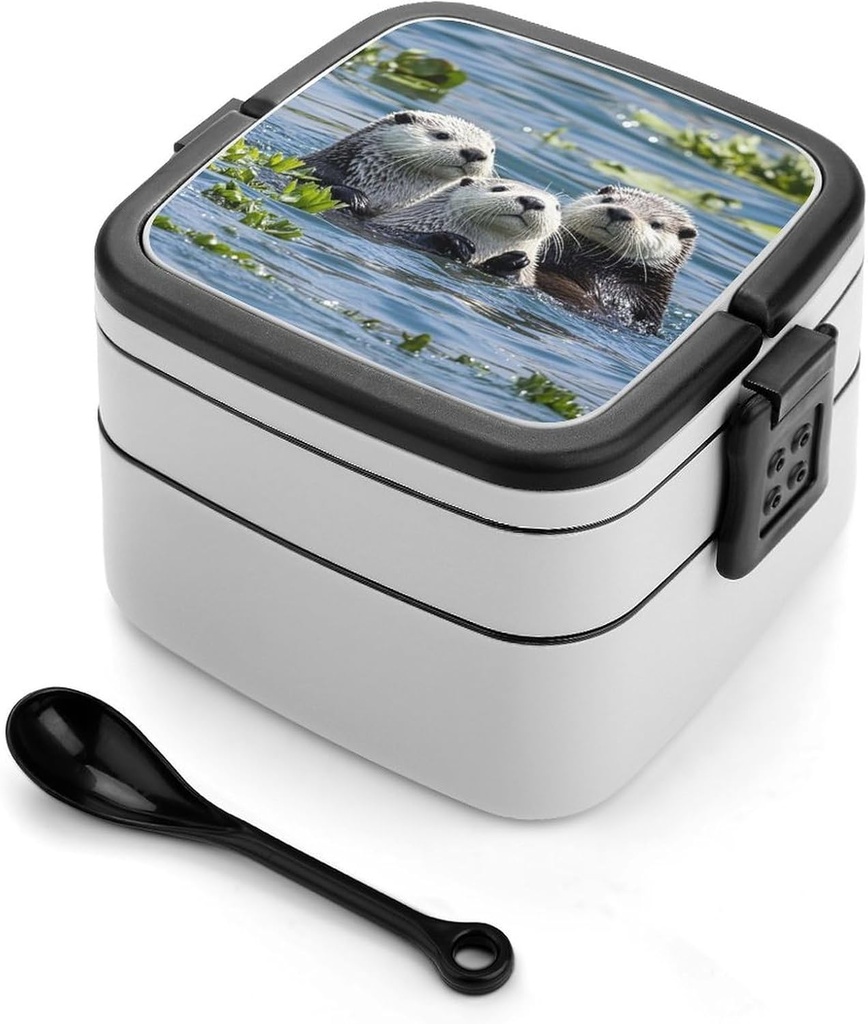Adult Double-Layer Bento Box Lovely Sea Otter Portable Lunch Box with Spoon And Invisible Handle Leakproof Microwave-Safe Food Container for Work Travel Camping