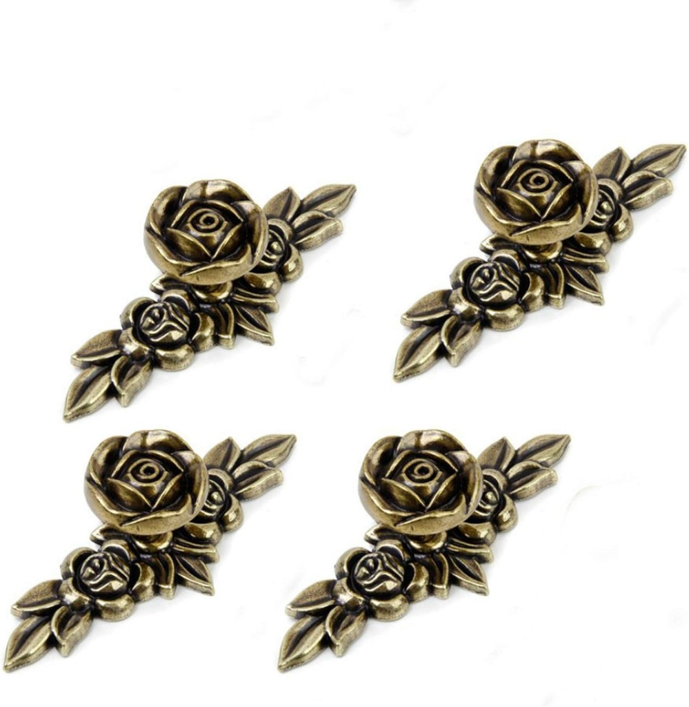 Antique Euro Rose Cabinet Knobs with Backplate, Shabby Chic Kitchen Zinc Alloy Flower Drawer Pull Handles for Dresser Vanity Nightstand Cupboard Wardrobe, 4 Pack (Bronze)