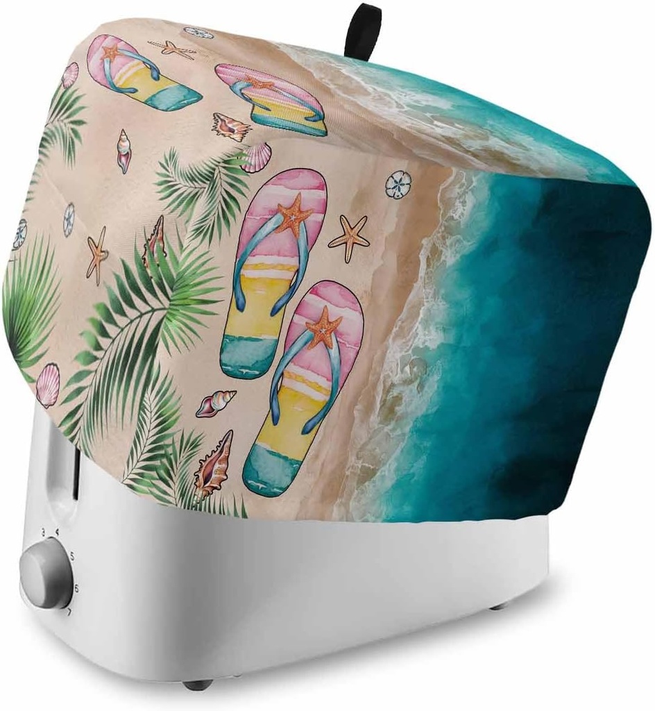 Summer Beach Coastal Toaster Cover 4 Slice, Slippers Palm Leaf Shells Coral Dustproof Bread Machine Oven Cover with Storage Pockets, Fits Most Kitchen Toasters Protector