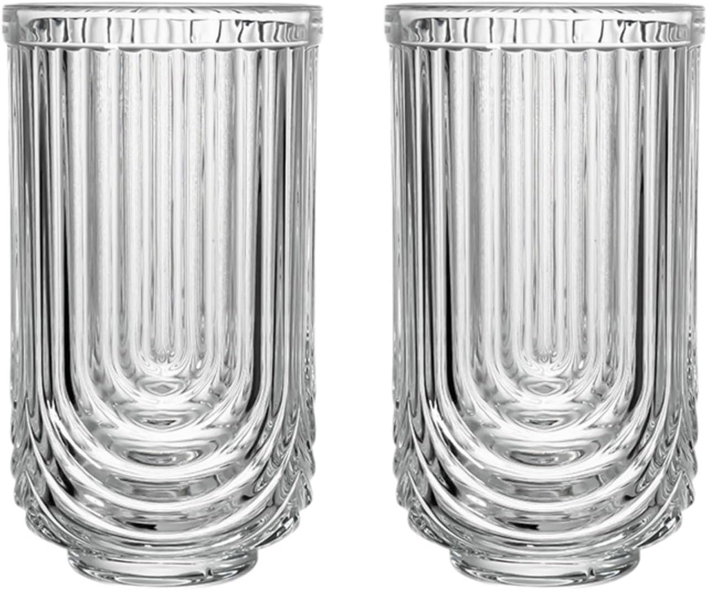 Fluted Glass Cups Set – 2-Piece 420ml Handmade Lead-Free Glassware with Unique U-Shaped Design | Durable, Lightweight, and Perfect for Coffee, Juice, and Iced Drinks | Stylish Glassware