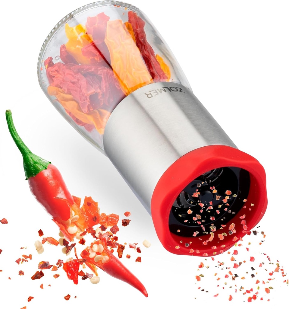 ZOLMER® Chili Pepper Grinder Stainless steel & glass | Hot pepper grinder cutting unit for coarse spices & chili with aroma protection lid