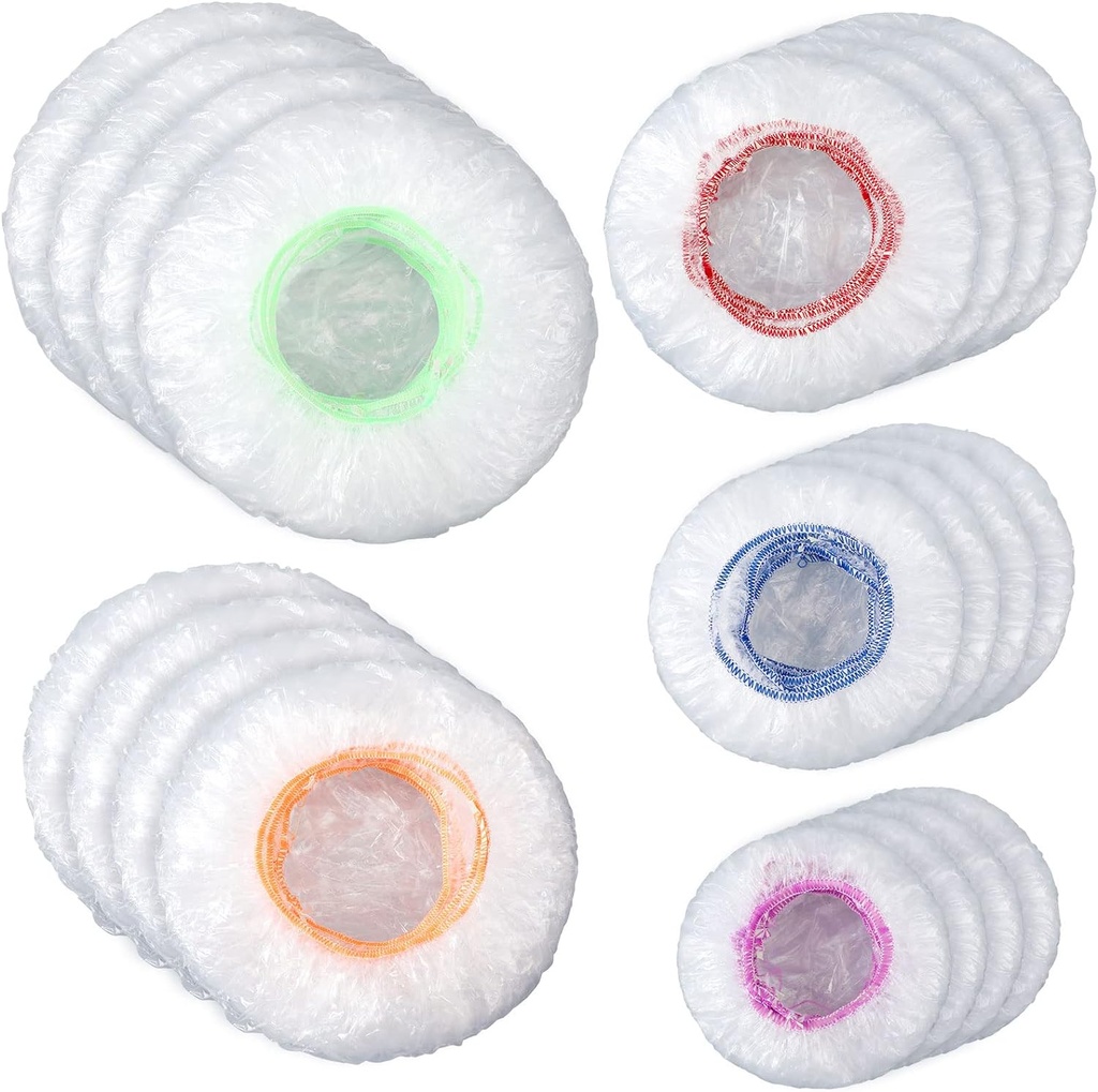 Cunhill 200 Pcs 5 Size Plastic Bowl Covers with Elastic Bulk Reusable Bowl Covers Disposable Food Storage Plastic Wrap for Leftovers Family Outdoor Picnic(Vivid Colors)