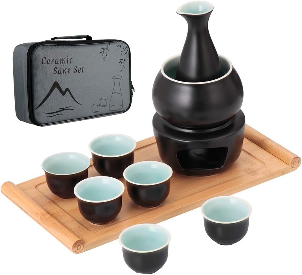 Ceramic Sake Set + Bamboo Tray Warmer Pot, Porcelain Stovetop Hot Saki Drink Bottle, 10pcs Set 1 Stove 1 Warming Bowl 1 Sake Bottle 1 Tray 6 Cup Keep Sake Storage Box (Black)