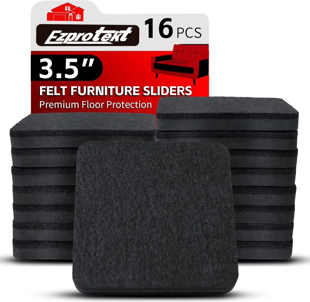 Ezprotekt 3.5" Felt Furniture Movers Sliders for Hardwood & Vinyl Floors, 16 Pcs Square Reusable Felt Furniture Moving Pads for Heavy Duty Sofa Bed Couch Cabinet, Move Items and Quickly (Black)