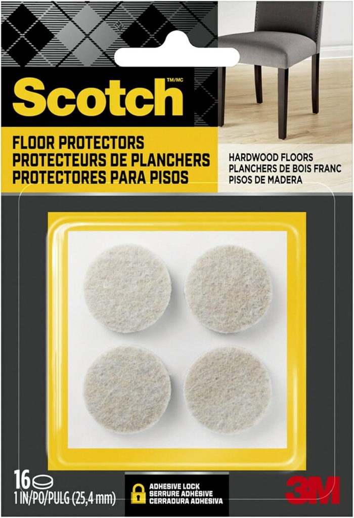 Scotch Felt Pads, Felt Furniture Pads for Protecting Hardwood Floors, Round, 1 in. Diameter, Beige, 16 Pads