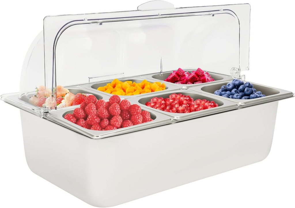 6 Pan Ice Food Serving Display Tray, Stainless Steel Buffet Condiment Dispenser Display Rack with Clear Roll Top Cover Cooling Food Dishes Display Plate Case with Lid for Buffet,Restaurant,Hotel.