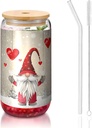 Christmas Gnome 16 Oz Ice Tea Glass Cup, Love Hearts Drinking Glasses with Bamboo Lids & Glass Straws for Coffee Tea Cocktail Whiskey Soda