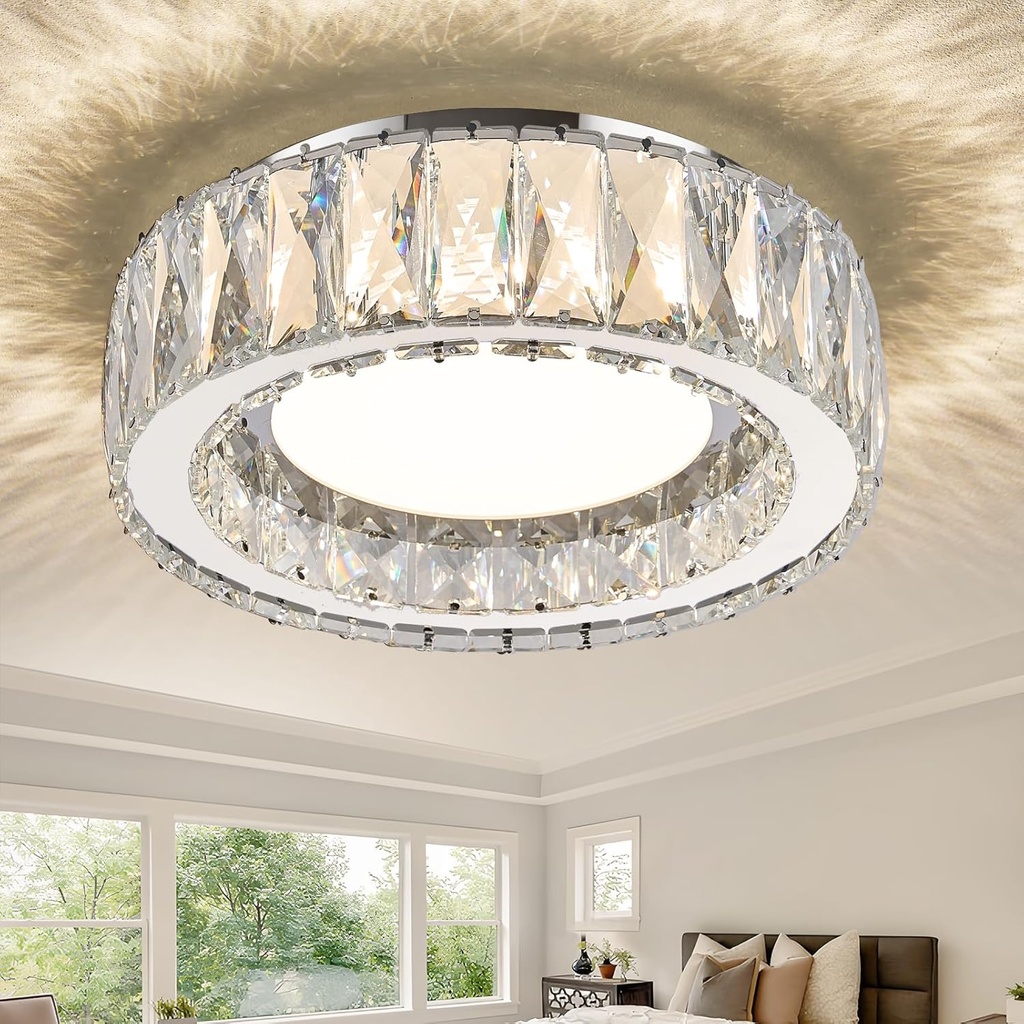 11 Inch Chrome Modern Luxury Crystal Flush Mount Ceiling Light Fixture,5CCT 3000K-6000K 24W,Round Small Dimmable Led Chandelier Hallway Lighting for Entryway,Kitchen,Bedroom,Laundry Room