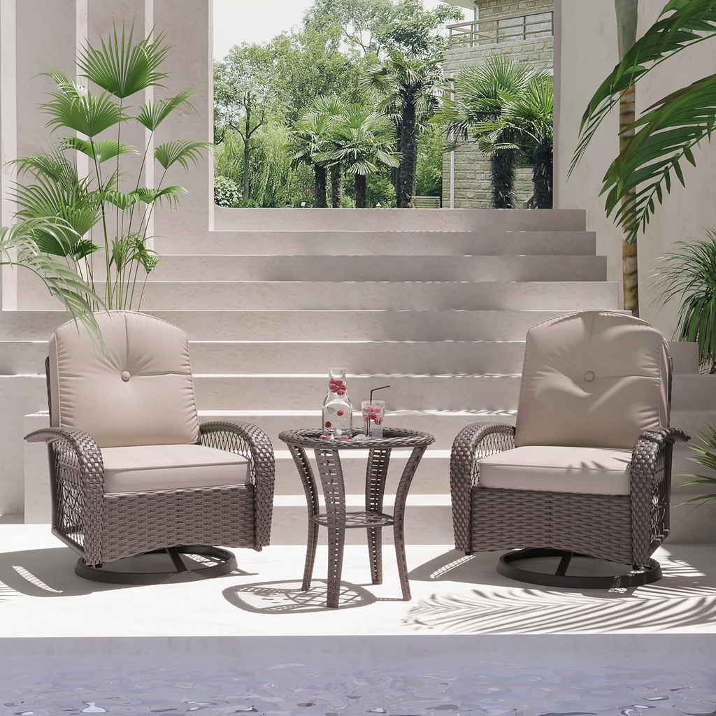 Patio Furniture Set,3 Pieces Outdoor Rocking Chair Set, Patio Wicker Chairs Set of 2,Patio Bistro Set with Premium Cushions and Coffee Table, Grey