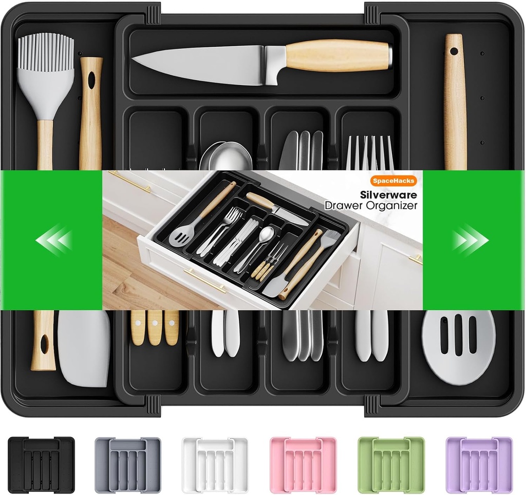 Silverware Organizer，Adjustable & Expandable Utensil Drawer Organizer, BPA Free Utensil Holder, Cutlery Tray for Forks, Spoons, Knives in Kitchen, Medium, Black