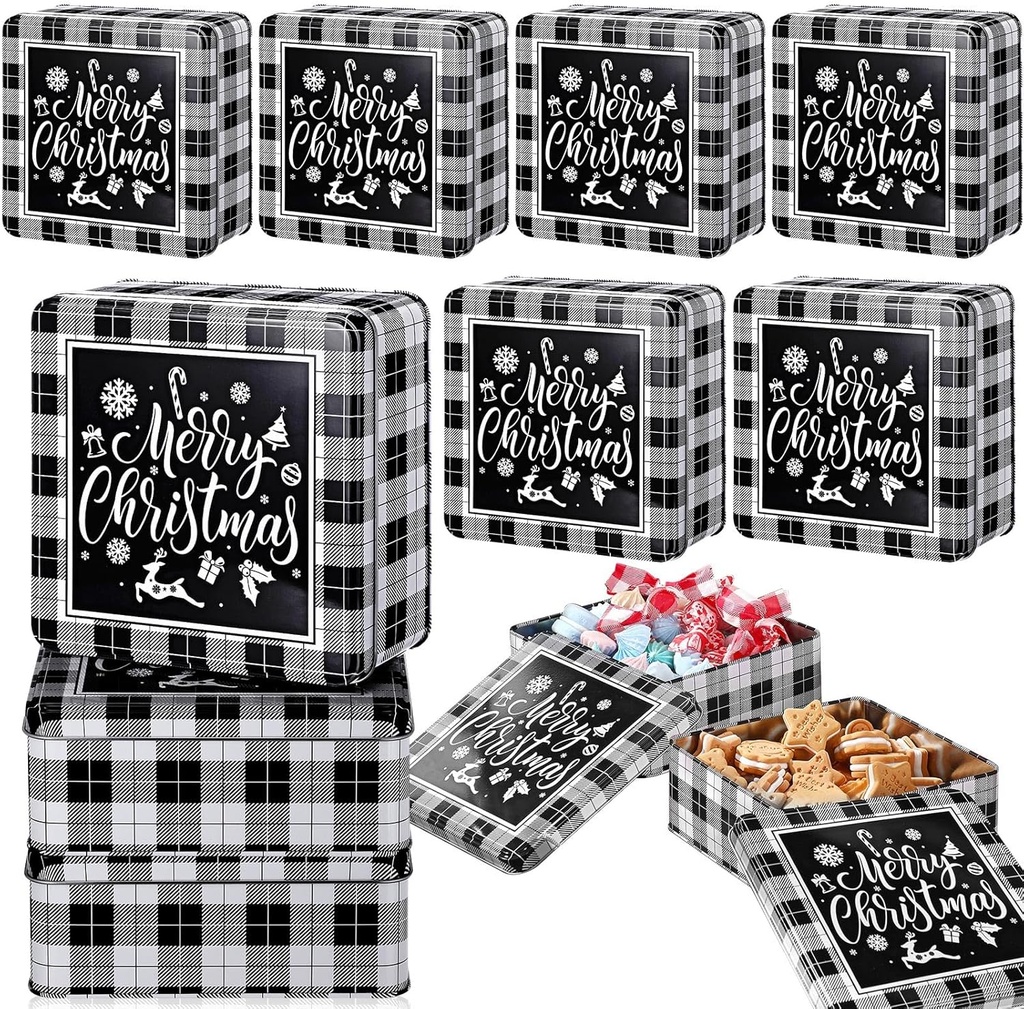 Tandefio 6 Pcs 6.3'' Christmas Cookie Tins Large Cookie Tins with Lids Square Baking Jars for Gift Giving Black and White Plaid Metal Container Holiday Empty Box for Xmas Candy Treat Storage