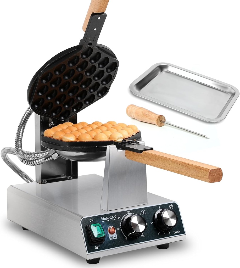 Hehinton® 110V Pro Commercial Bubble Waffle Maker 1400W | Stabilized Anti-Shake Base | 180° Rotating Egg Puff Iron | Brushed Stainless Steel Body & Non-Stick Coating | Ergonomic Operation Panel