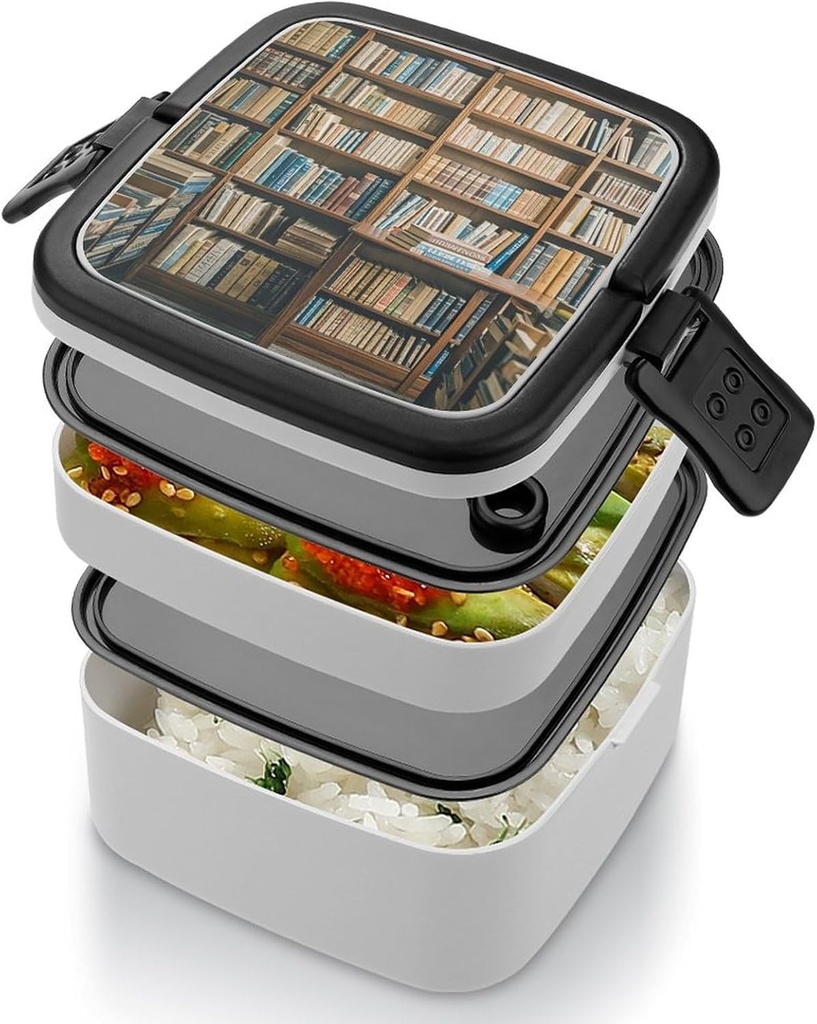 Bento Box Adult Lunch Box Lunchable Food Container with Utensil Library Bookshelf Lunchbox Leak-Proof Lunch Containers Double Layer Bento Box for Dining Out Work Picnics Travel