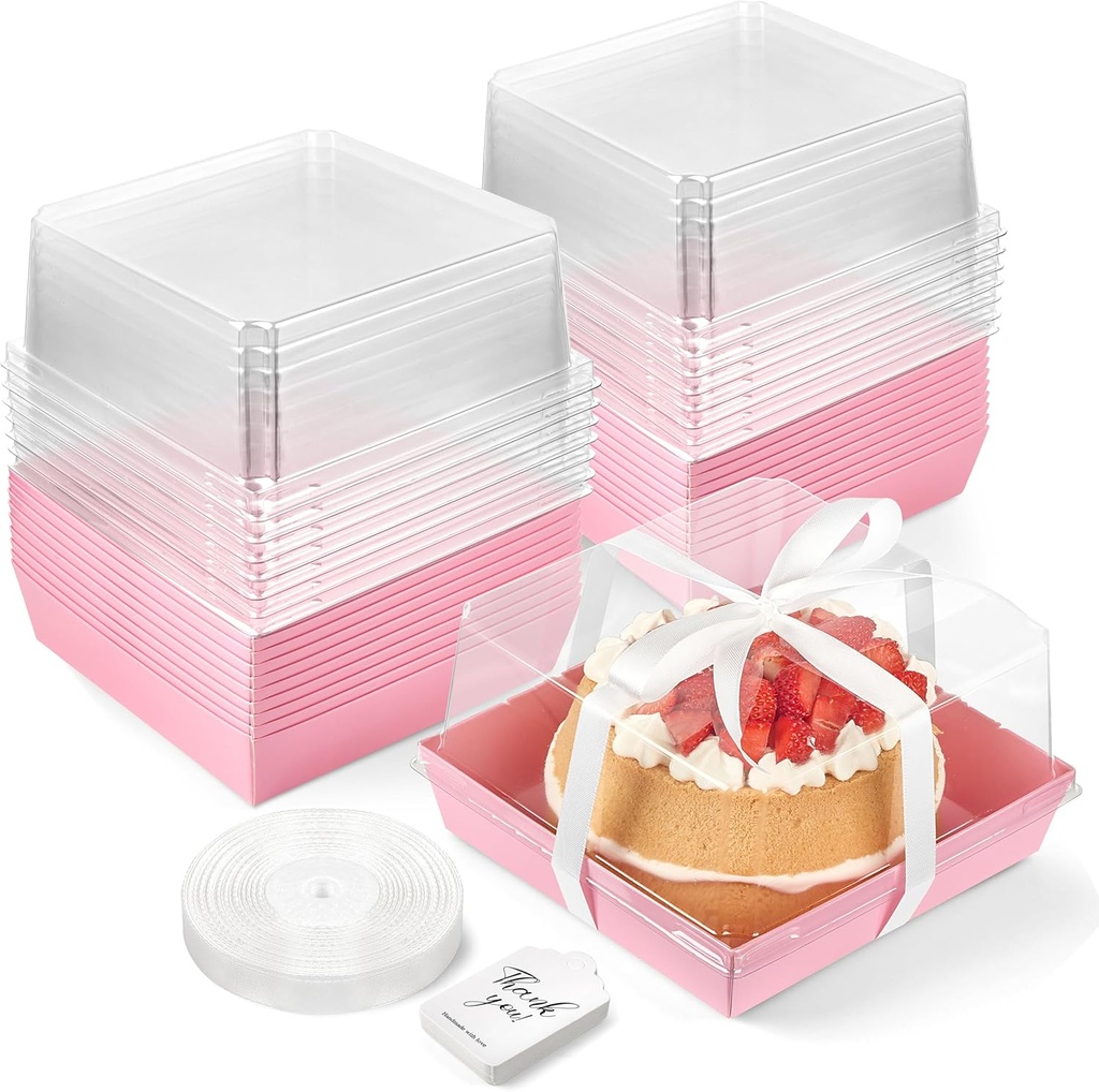 7 x 7 x 4 Inches Paper Cake Boxes with Clear Lids, 20 Pack Disposable Charcuterie Boxes Square Food Containers for 4-6 Inch Cake, Dessert, Pie, Cupcake, Bakery (Pink)