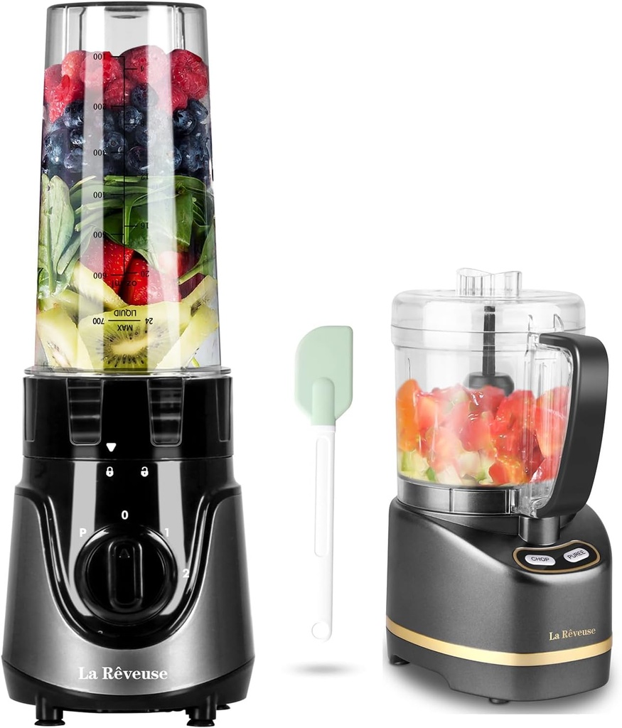 La Reveuse Personal Size Smoothies Blender for Shakes and Smoothie + La Reveuse 2-Cup Mini Food Processor