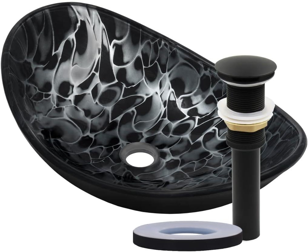 Miseno MNO-G1308210 Oval 21-1/2" Tempered Glass Vessel Bathroom Sink - Flat Black Drain