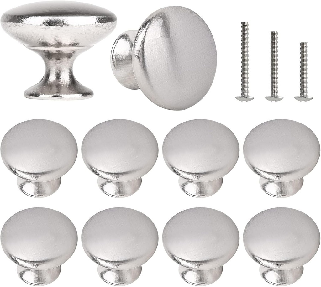 10x Cabinet Hardware Satin Brushed Nickel Door Knobs Round Mushroom Wardrobe Drawer Pull Handles 30mm/1.18" for Kitchen Cupboard Furniture Chest Door Dresser Bathroom