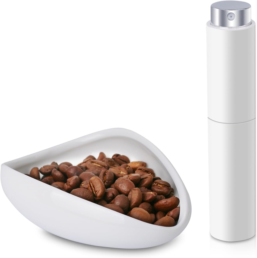 Coffee Bean Dosing Cup and Spray Bottle Kit - Ceramic Single Dosing Tray, Static Reducing Spray (White)