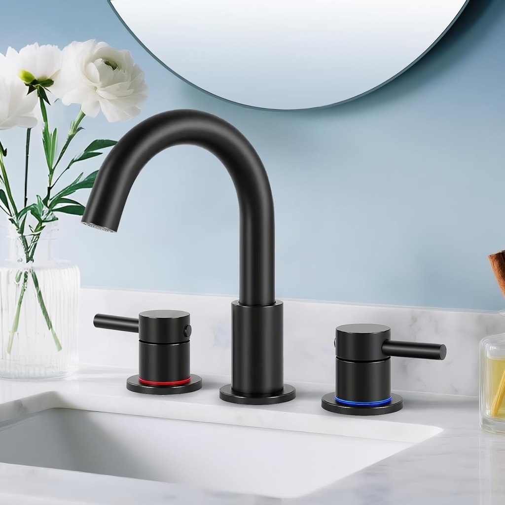 Bathroom Faucet 3 Hole, Matte Black Bathroom Sink Faucet with Pop Up Drain, 8 inch Widespread Bathroom Faucet with 360° Swivel Spout, 2 Handle Vanity Faucet with Water Supply Hoses