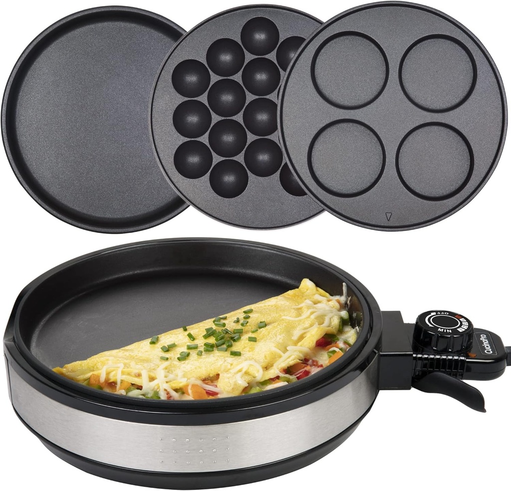 Multi Baker Deluxe- Holiday Baking Made Easy- Electric Appliance w Temp Control 3 Interchangeable Skillets for Grilling, Baking, Dessert Making- Grilled Cheese Omelets Pizza Sandwiches Cake Pops, Gift