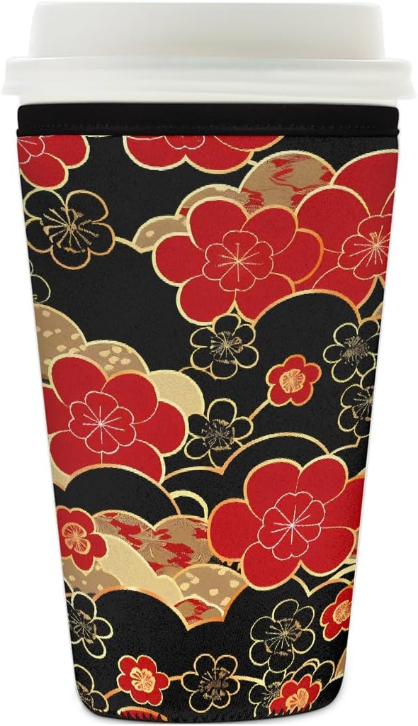 Traditional Japanese Cherry Blossoms Reusable Iced Coffee Sleeve Neoprene Insulated Drink Holder, Washable Anti-Slip Cold Cup Sleeve for Tumblers Bottles Glasses 26-28oz