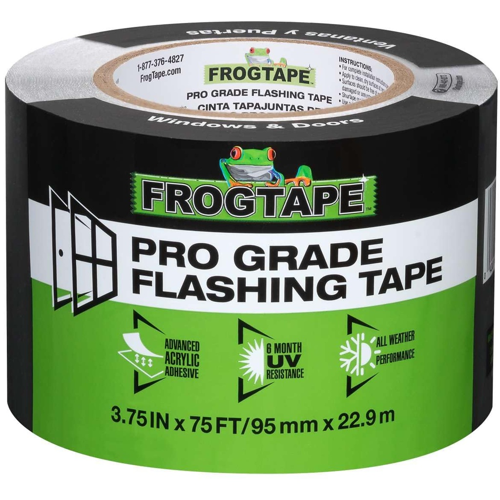FrogTape Pro Grade Flashing Tape for Windows & Doors, 3.75 Inch Width - 75 Foot Roll, All Weather & UV Resistant Flashing Tape with Advanced Acrylic Adhesive - 10 mils - Black