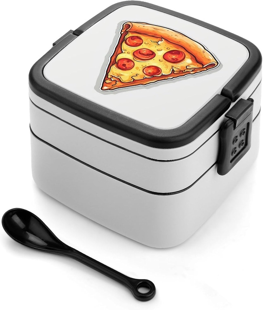 Cartoon Pizza Bento Box Adult Lunch Box All-in-One Lunch Containers with Removable Compartments Double Layer Bento Lunch Box with Spoon And Handle Stackable Lunchbox