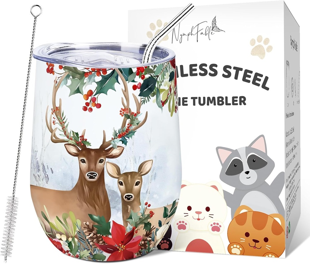 NymphFable 12oz Merry Christmas Insulated Wine Tumbler With Lid and Straw Stainless Steel, Wine Glass Coffee Mug
