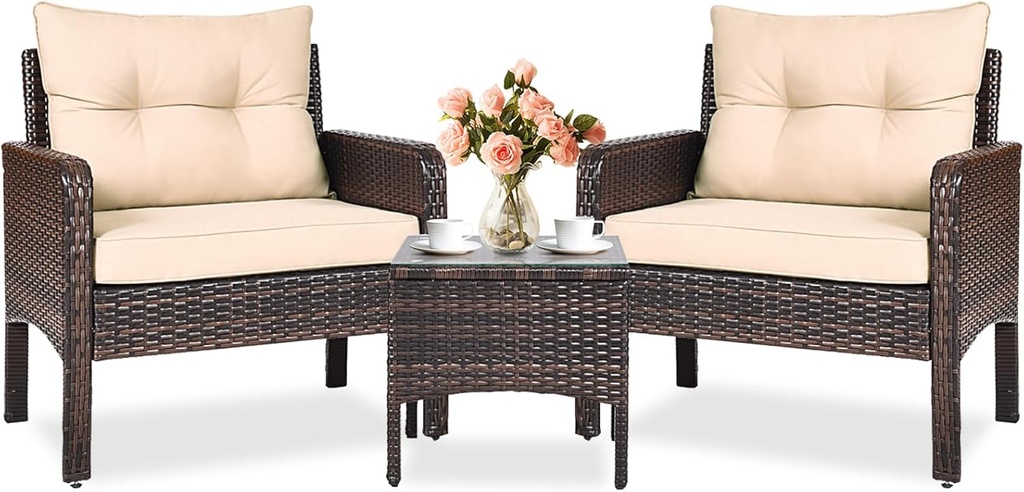 KOTEK 3 Piece Patio Furniture Set, Outdoor Wicker Conversation Bistro Set with 4 Cushions, All Weather PE Rattan Furniture Set for Garden, Backyard, Porch, Poolside (Beige)