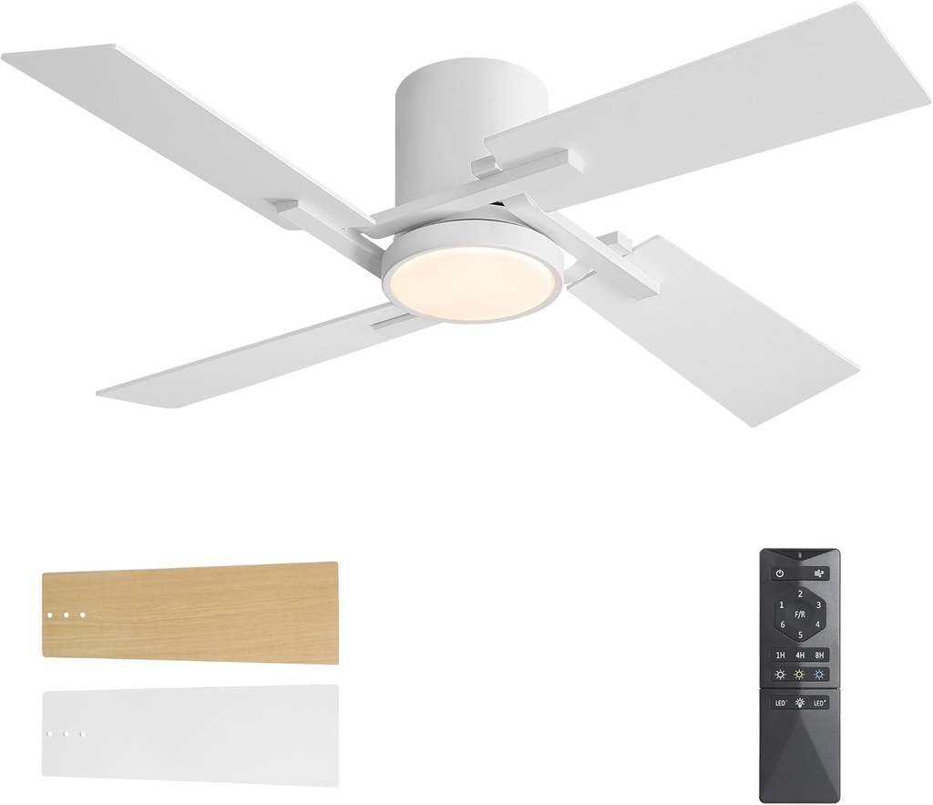 WINGBO 48" Flush Mount Ceiling Fan with Light - 4 Plywood Blades, 6-Speed Reversible DC Motor, Dimmable, 3CCT, Noiseless Low Profile Ceiling Fans and Light for Bedroom Living Room, White and Oak/White