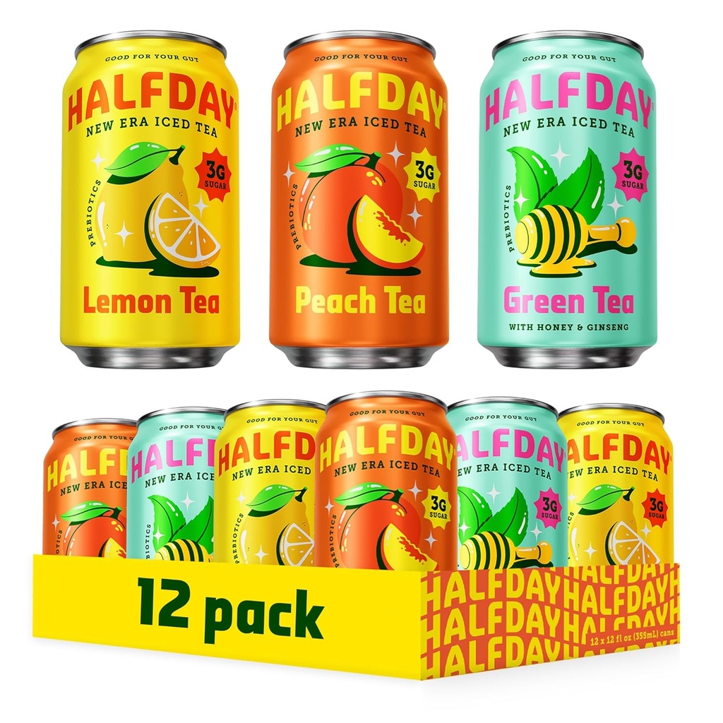 HALFDAY Prebiotic Iced Tea Lemon, Peach & Green Tea Variety Pack, Supports Digestive & Gut Health, Plant Fiber & Prebiotics, Low Sugar, 30 Calories, Natural Caffeine, Gluten Free, 12 fl oz (12 pack) Packaging May Vary
