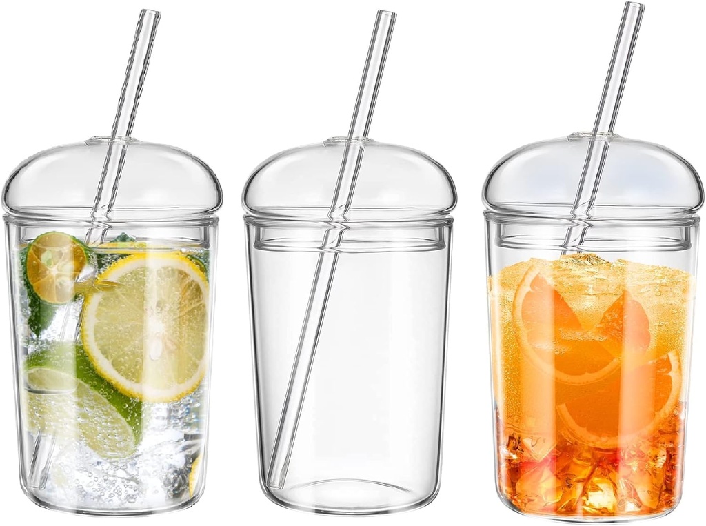 DOITOOL Glass Cups with Lids and Straws: 3PCS 32oz Glass Coffee Ice Tea Water Cocktail Cups Clear Glass Drinking Cup Reusable Tumbler with Lid and Straw for Tea Juice Iced Coffee