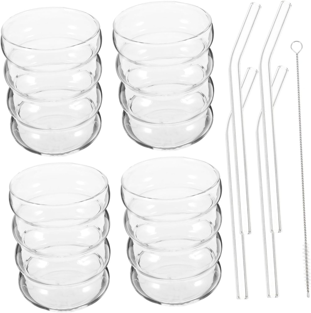 Zerodeko 1set Ribbed Glass Cup and Straw Set Clear Glassware for Iced Coffee Juice and Milk Includes Cleaning Brush and Straws Dishwasher Safe