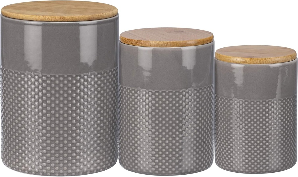 PBK Farmhouse Syle Set of 3 Gray Glaze Design Stoneware Canisters With Wooden Lids