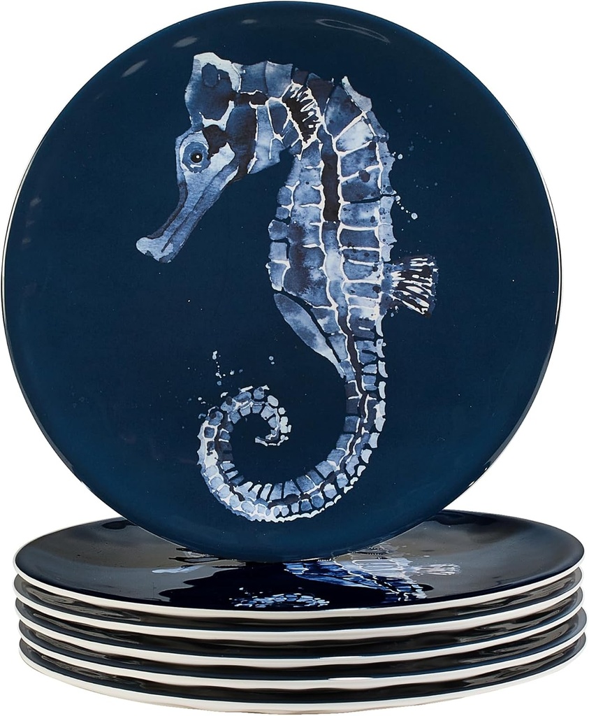 Sea Life Melamine Salad Dessert Plates Set of 6 – 9" Reusable Coastal Beach House Dinnerware with Seahorse Ocean Print, Nautical Break-Resistant BPA-Free Plates, Dishwasher Safe, Outdoor-Friendly