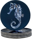 Sea Life Melamine Salad Dessert Plates Set of 6 – 9" Reusable Coastal Beach House Dinnerware with Seahorse Ocean Print, Nautical Break-Resistant BPA-Free Plates, Dishwasher Safe, Outdoor-Friendly