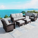 5 Pieces Patio Furniture Set with Swivel Chairs, High Back Wicker Rattan Sofa with Extra Thick Cushion and Ottoman, Outdoor Conversation Set for Garden Backyard Deck, Grey