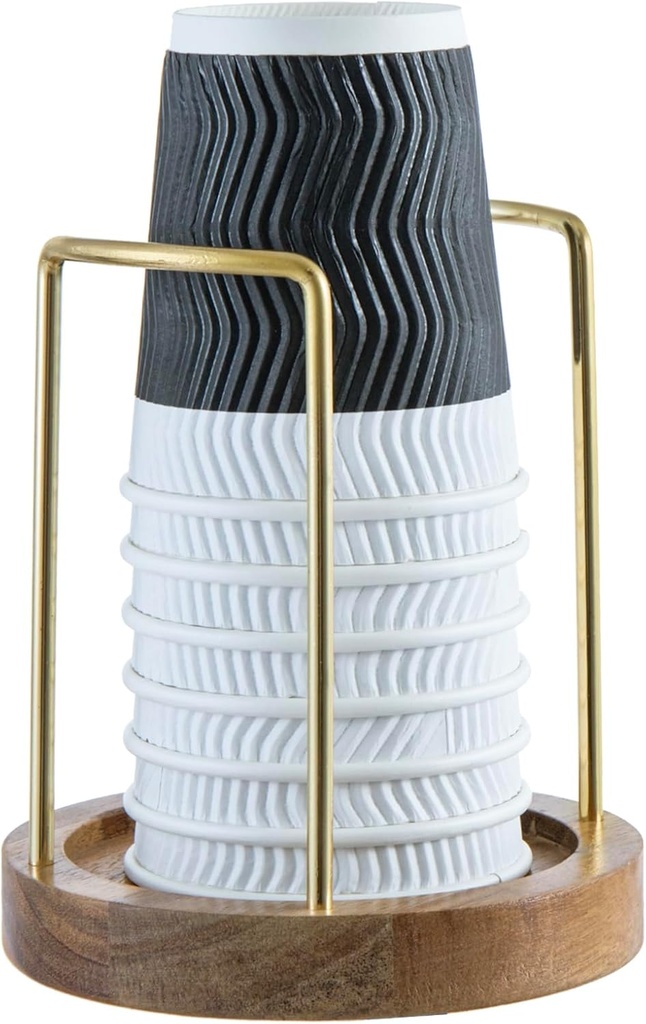 MyGift Premium Acacia Solid Wood and Brass Tone Metal Wire Countertop Plastic Cup Holder, Guest Drink Station Storage, Dispenser for Disposable Coffee Cups