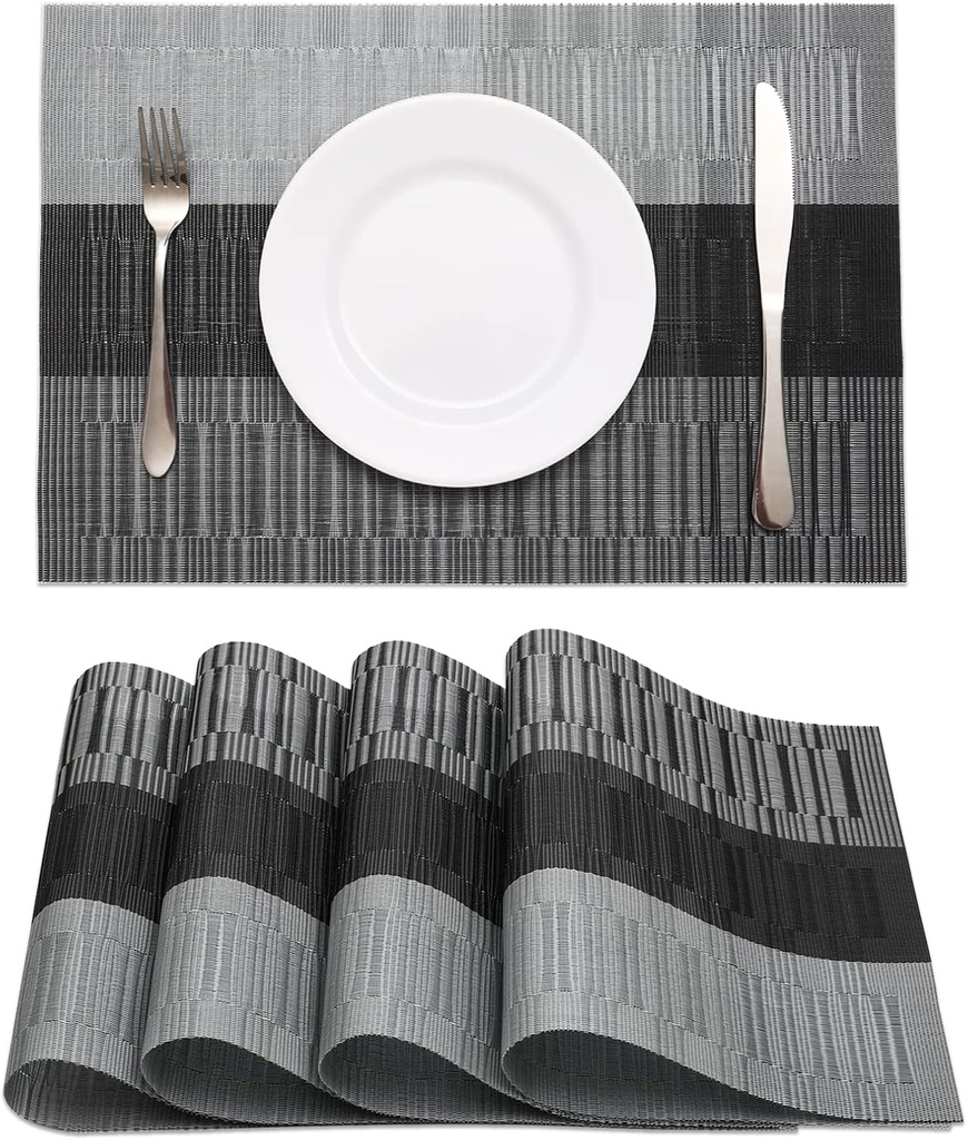 HeloHo Black Placemats Set of 4 Heat-Resistant Washable Place Mats Non-Slip Vinyl Woven Table Mats Wipeable Placemat for Kitchen Dining Table Decoration Indoor Outdoor