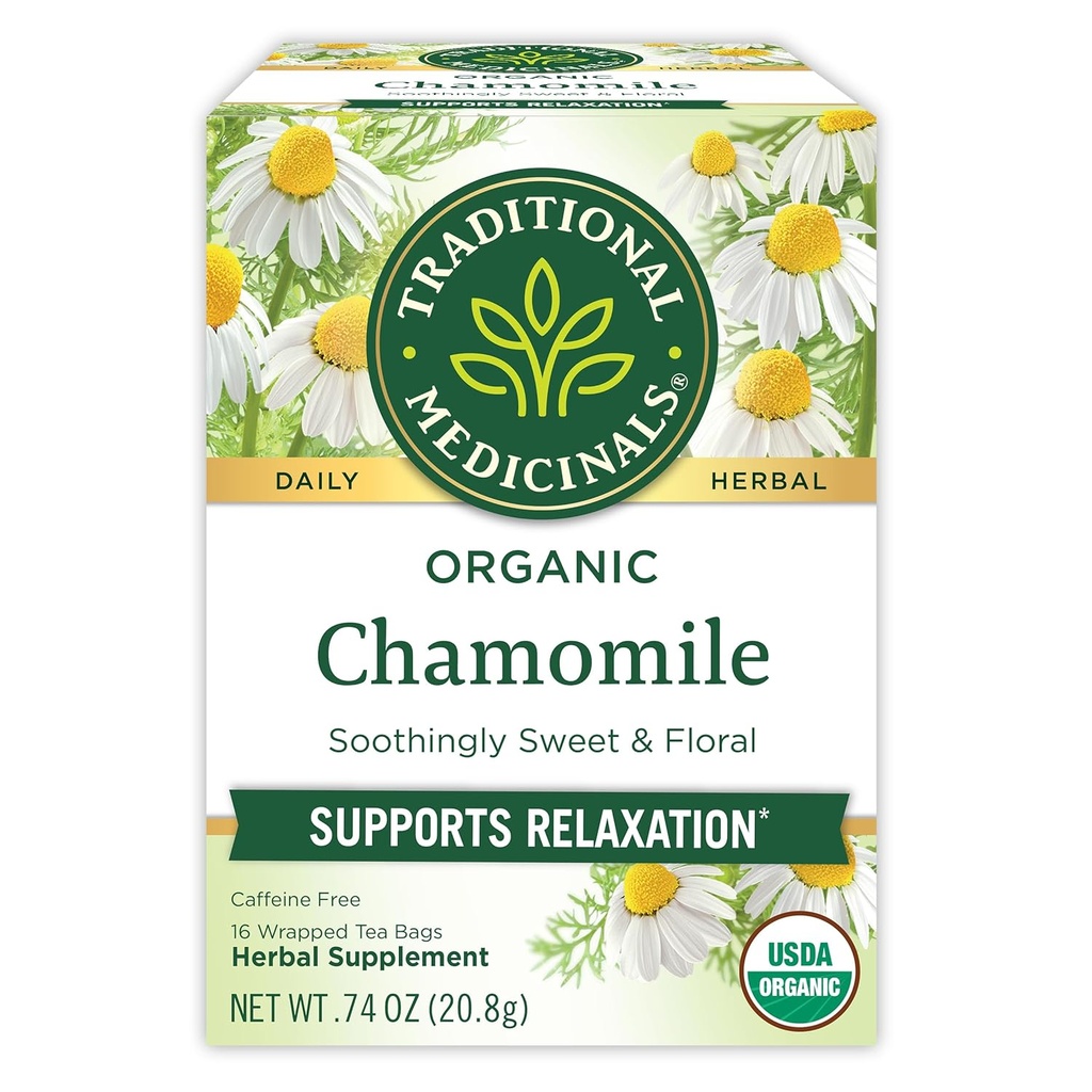 Traditional Medicinals Organic, Chamomile Tea - Supports Stress Relief and Relaxation - Kosher, Non-GMO, Caffeine-Free, Compostable - 16 Tea Bags